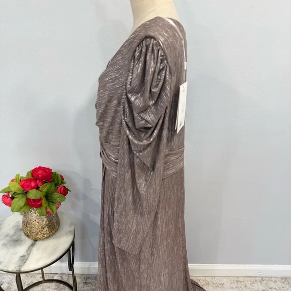 Mac Duggal 49503 Mauve Taupe Metallic Faux Wrap Draped Puff Sleeve Gown -Reemoly